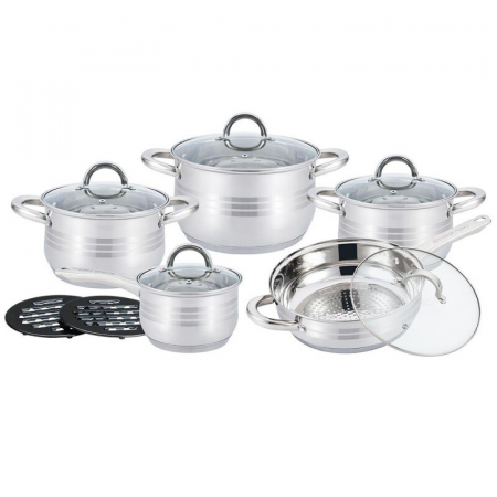 Pentru Casa si Camping - Set 12 piese PRO-1250, cratite de inox cu capac, 7 straturi, 16-18-20-24-24cm/2.1-2.1-2.9-3.9-3.4-6.5L