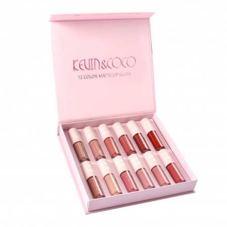 Palete Farduri si Truse Make-Up - Set 12 rujuri mate, rezistente la transfer, Kevin&amp;Coco, 1.85 ml, Cutie Roz