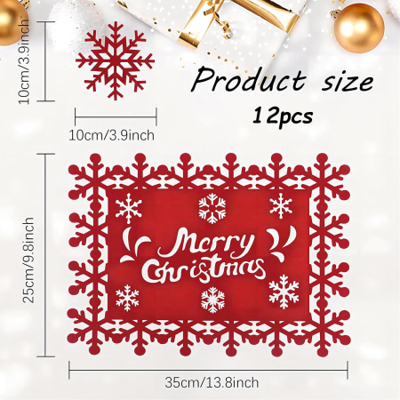 Set 12 Servete pentru Masa si Suporturi de Pahare/Tacamuri, Flippy, Scris Merry Christmas, 6 Servete 25x35 cm, 6 Suporturi de 10x10 cm, Rosu [5]