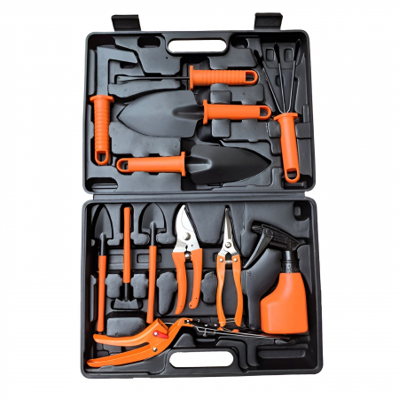 Sub 99 Lei - * LICHIDARE STOC * Set 12 Unelte de Gradina, Flippy, pentru Plantare Prelucrare Sol si Ingrijire Plante, Manere Portocalii, Material PVC si Cardboard, Cutie Inclusa, 37x28 cm, Negru -