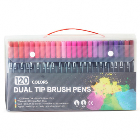 Jucarii, Copii & Bebe - Set 120 Carioci, Flippy, pe Baza de Apa, 2 Tipuri de Varf, 1-2 mm, 0.4 mm, Corp Carioca Negru, din Plastic, Multicolor