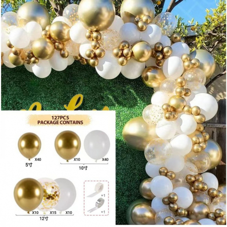 Articole petrecere - Baloane pentru Arcada decorativa, Flippy, Set 127 baloane din Latex, Model Petrecere pentru Arcada, Baloane Party, 12 cm, 25 cm, 30 cm, Alb Gold