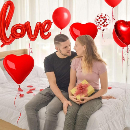 Set 13 Baloane din Folie Metalizata si din Latex, Flippy, Figurine Litere si Inima, Model Love, Tema Ziua Indragostitilor, Baloane Party cu Confetti, 102x65cm, 45 cm, 30 cm, Pai Inclus, Umflare cu Aer [1]