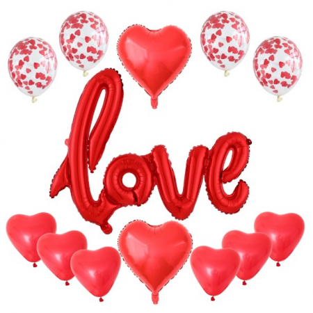 Articole petrecere - Set 13 Baloane din Folie Metalizata si din Latex, Flippy, Figurine Litere si Inima, Model Love, Tema Ziua Indragostitilor, Baloane Party cu Confetti, 102x65cm, 45 cm, 30 cm, Pai Inclus, Umflare cu Aer
