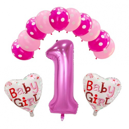 Articole petrecere - Set 13 baloane Prima Aniversare, 10 baloane latex, 2 baloane inima folie, cifra 1, Roz