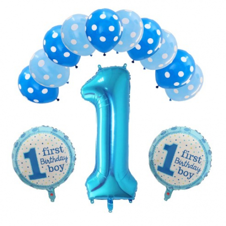 Articole petrecere - Set 13 baloane Prima Aniversare, 10 baloane latex, 2 baloane rotunde folie, cifra 1, albastru