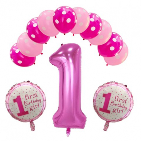 Articole petrecere - Set 13 baloane Prima Aniversare, 10 baloane latex, 2 baloane rotunde folie, cifra 1, Roz