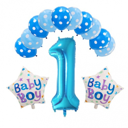 Forme, Scris, Seturi - Lichidare Set 13 baloane Prima Aniversare, 10 baloane latex, 2 baloane stea folie, cifra 1, Albastru