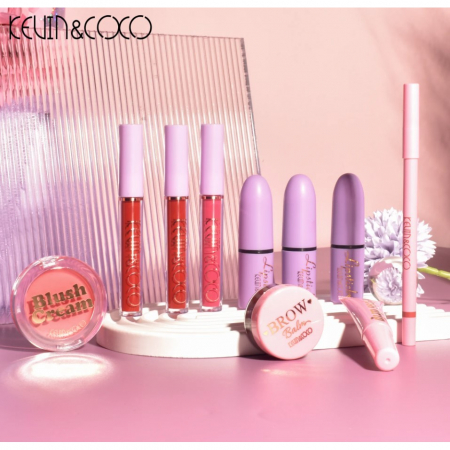 Set 13 piese cosmetice Kevin&amp;Coco, 6 Lip Gloss, 2 Gloss drip, Ceara sprancene, Crema blus, Creion , paleta farduri 50 culori nuante rose/nude/maro, cutie patrata, multicolor [2]