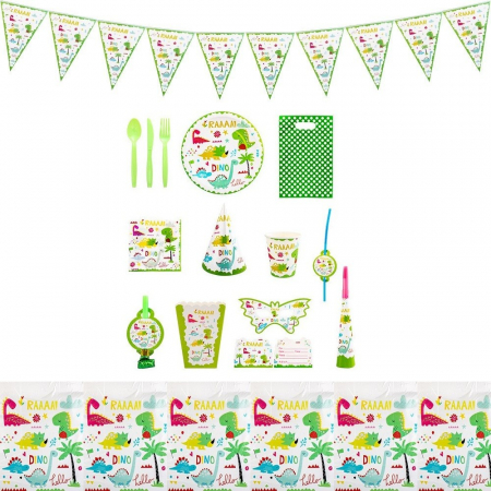 Articole petrecere - Set 16 Accesorii de Masa, Flippy, Colectia Dino Park, 136 Piese, din Carton/Plastic/Hartie, Multicolor