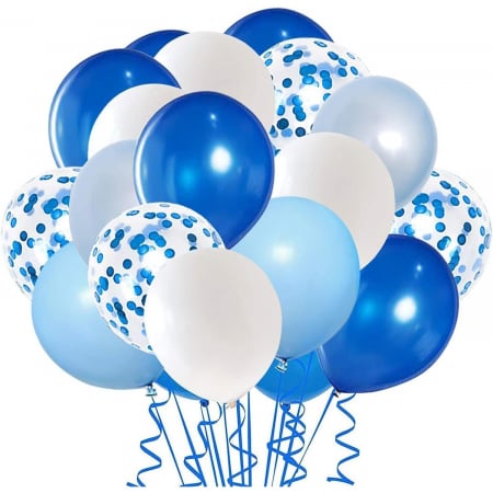 Articole petrecere - Set 16 Baloane din Latex Metalizate, Flippy, Model Party, 30 cm, Alb, Albastru, Albastru Chrome, Transparent Confetti 2.8 g