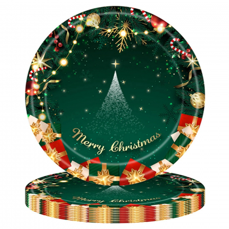Articole petrecere - Set 16 Farfurii de Unica Folosinta, Flippy, Model Brad de Craciun Merry Christmas, Tematica Craciun, 18 cm, Verde