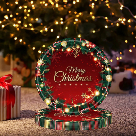 Set 16 Farfurii de Unica Folosinta, Flippy, Model Merry Christmas, Tematica Craciun, 23 cm, Rosu/Verde [1]