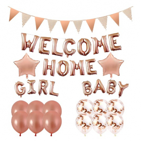 Sub 99 Lei - Lichidare Set 16 piese baloane folie si latex, 12 baloane latex, 2 baloane folie, 1 set Welcome Home Baby Girl,1 Banner, Rose gold