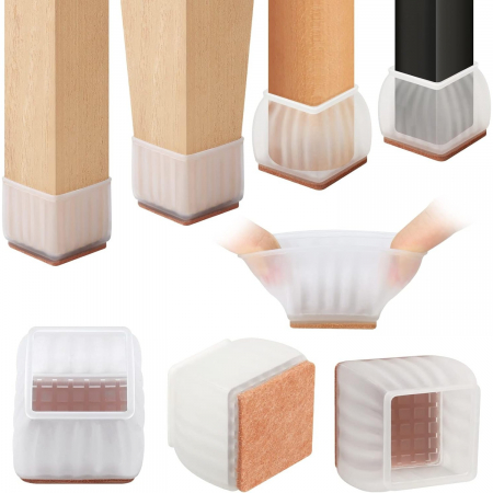 Pentru Casa si Camping - Set 16 Protectii pentru Picioare Scaun si Podea, Flippy, Universale din Silicon, Model Patrat, Alb Transparent