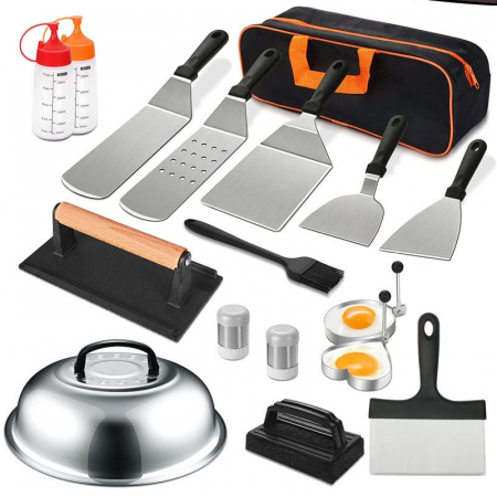 Ustensile de bucatarie - Ustensile pentru Gratar, Flippy, Set din 17 Ustensile pentru Gratar cu Preparare de tip Plita, Ustensile din Otel Inoxidabil cu Manere din Plastic PP, cu Geanta, Negru