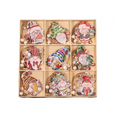 Pentru Casa si Camping - Set 18 Decoratiuni de Craciun din Lemn, Flippy, cu Snur pentru Agatare in Brad, Model Gnomi, Diferite Dimensiuni, Multicolor
