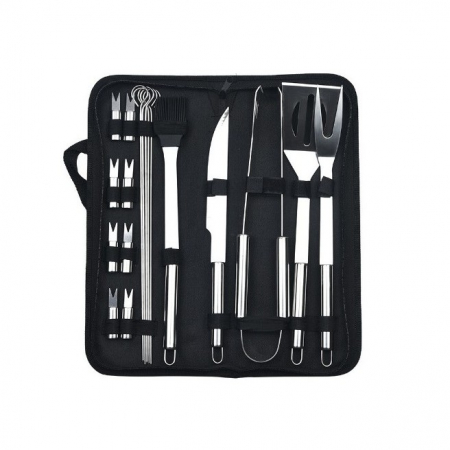 Ustensile de bucatarie - Set 18 Ustensile pentru Gratar, Flippy, din Otel Inoxidabil, Geanta Oxford, Argintiu