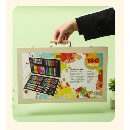 Set 180 Piese pentru Desen si Pictura, Flippy, Tip Servieta din Lemn, Model Natur, 46 x 30.9 x 4.1 cm, Multicolor [1]