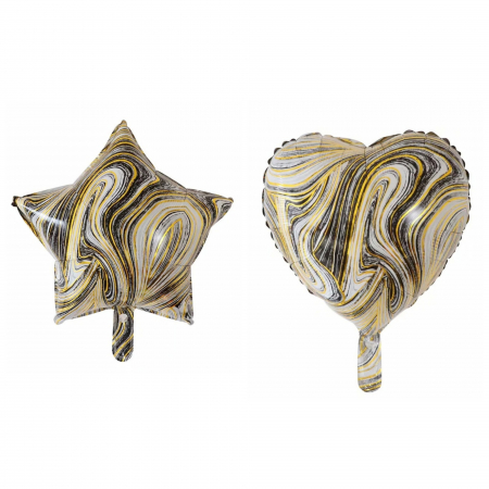 Articole petrecere - Set 2 Baloane din Folie Metalizata, Flippy, Figurine Inima si Stea, Model Marmura, 45 cm, Ambalaj Individual, Pai Inclus, Umflare cu Aer sau Heliu, Bej