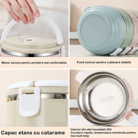 Set 2 Caserole pentru alimente Flippy, lunch box, 1400 ml, otel inoxidabil, maner, valva aerisire, 15.5 x 15 cm, inchidere etansa, multicolor [2]