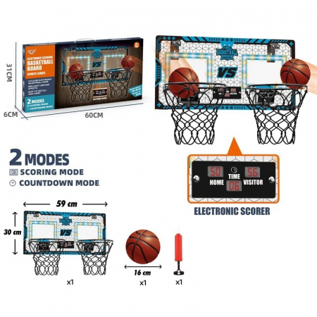 Set 2 Cosuri de Baschet pentru Copii, Flippy, cu Tablou de Bord Electronic, Pentru 2 Jucatori, Minge, Pompa, 2 Moduri, Interior/Exterior, Inel Metalic si Rabatabil cu Arc, Luminos, 60x31x6 cm, Multico [10]