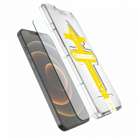 GSM - Set 2 folii sticla securizata cu sistem de montare usor si rapid Flippy compatibila cu Apple iPhone 12 Pro Max Transparent