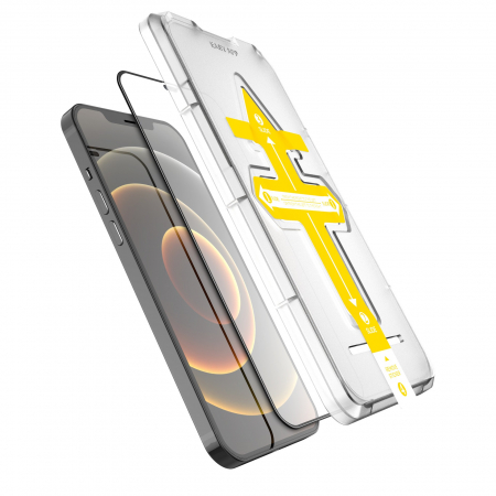 Sub 99 Lei - *LICHIDARE STOC* Set 2 folii sticla securizata cu sistem de montare usor si rapid Full Cover 3D Flippy compatibila cu Apple iPhone 12 Pro Max Negru