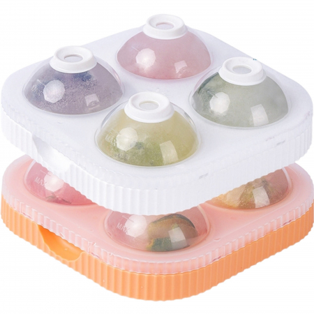 Forme pentru gheata - Set 2 forme sfere de gheata pentru wiskey si cocktail-uri Flippy, 4 sfere, material plastic/silicon alimentar, diametru 6.5 cm, cu orificiu tip palnie pentru umplere, 17 x 17 x 7 cm, multicolor