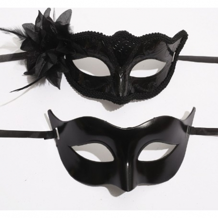 Articole petrecere - Set 2 Masti de Cuplu, Flippy, pentru Carnaval, Bal Mascat, Marime Universala, Model Floare Laterala si Margele, Model Clasic Fluture, Negre