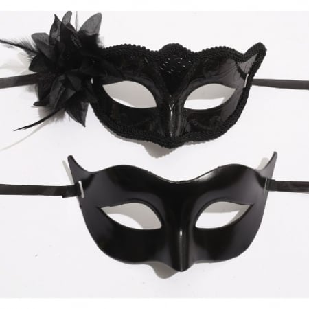 Sub 99 Lei - Lichidare Set 2 Masti de Cuplu, Flippy, pentru Carnaval, Bal Mascat, Marime Universala, Model Floare Laterala si Margele, Model Clasic Fluture, Negre