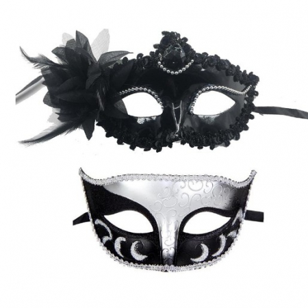 Articole petrecere - Set 2 Masti de Cuplu, Flippy, pentru Carnaval, Bal Mascat, Marime Universala, Model Floare Laterala si Margele, Model Clasic Fluture, Negru-Argintiu