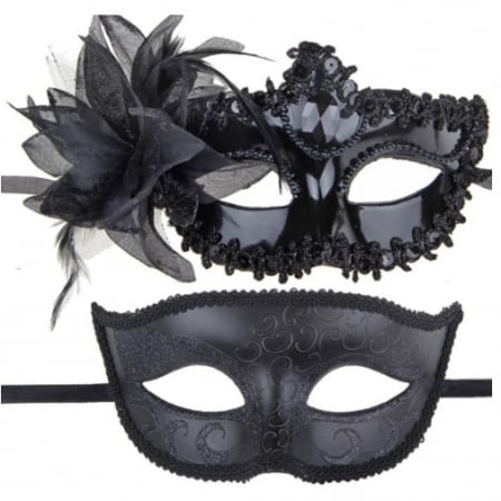 Articole petrecere - Set 2 Masti de Cuplu, Flippy, pentru Carnaval, Bal Mascat, Marime Universala, Model Floare Laterala si Margele, Model Clasic, Negru-Gri