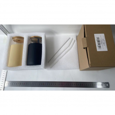 Set 2 Pahare din Sticla Termoizolante Transparente, Flippy, Capace si Paie Incluse, 500 mL, Silicon Negru si Crem [5]