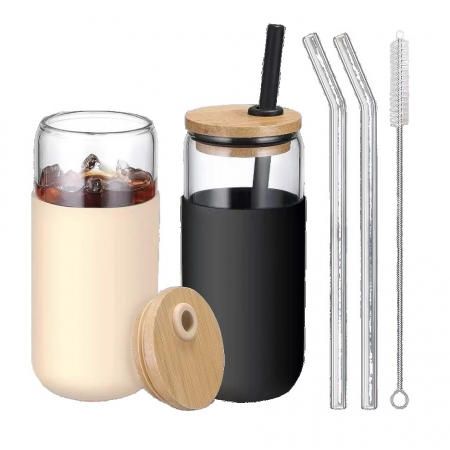 Pentru Casa si Camping - Set 2 Pahare din Sticla Termoizolante Transparente, Flippy, Capace si Paie Incluse, 500 mL, Silicon Negru si Crem