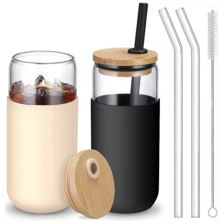 Set 2 Pahare din Sticla Termoizolante Transparente, Flippy, Capace si Paie Incluse, 500 mL, Silicon Negru si Crem [4]