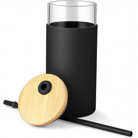 Set 2 Pahare din Sticla Termoizolante Transparente, Flippy, Capace si Paie Incluse, 500 mL, Silicon Negru si Crem [3]