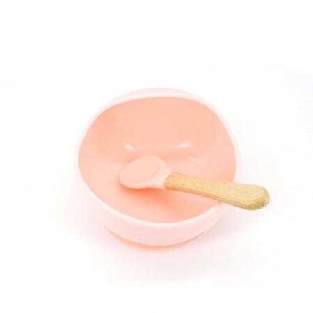 Set 2 piese diversificare bebelusi si copii din silicon Flippy, bol cu ventuza, lingurita din lemn si silicon, pentru gustari, fara alergeni, roz [1]