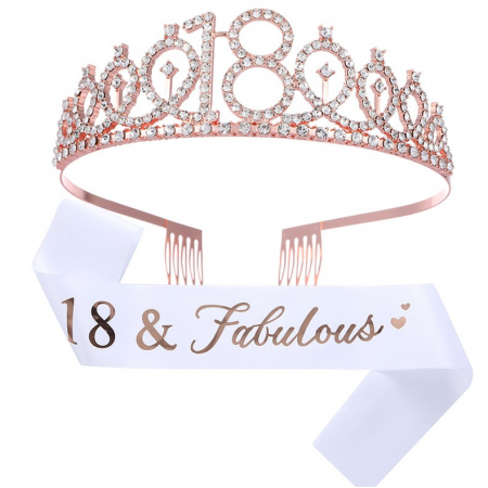 Articole petrecere - Set 2 Piese pentru Majorat, Flippy, 15 x 13 x 5 cm, Coronita Printesa Rose si Panglica 18&amp;amp;Fabulous, Alb