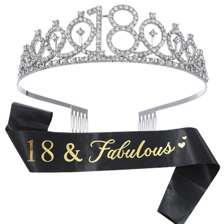 Articole petrecere - Set 2 Piese pentru Majorat, Flippy, 15 x 13 x 5 cm, Coronita Printesa Silver si Panglica 18&amp;amp;Fabulous, Negru
