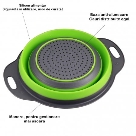 Set 2 strecuratori pliabile din silicon alimentar Flippy, cu manere, fund antiaderent si antialunecare, rotunda, doua dimensiuni, usor de depozitat, compatibil cu masina de spalat vase, verde [2]