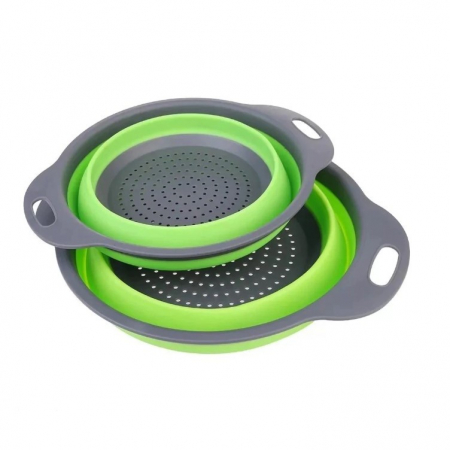 Pentru Casa si Camping - Set 2 strecuratori pliabile din silicon alimentar Flippy, cu manere, fund antiaderent si antialunecare, rotunda, doua dimensiuni, usor de depozitat, compatibil cu masina de spalat vase, verde