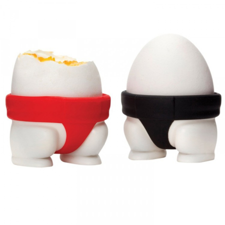 Pentru Casa si Camping - Set 2 Suporturi pentru Oua Fierte, Flippy, Model Sumo, din Silicon si PP, Multicolor