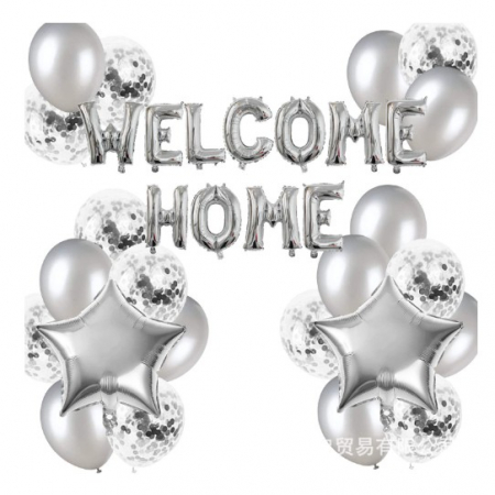 Articole petrecere - Set 22 de piese baloane folie si latex, 20 baloane latex, 2 baloane stea Folie, 1 set Welcome Home, argintiu