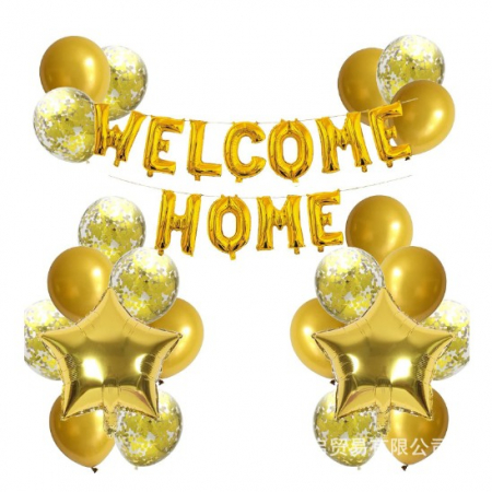 Articole petrecere - Set 22 de piese baloane folie si latex, 20 baloane latex, 2 baloane stea Folie, 1 set Welcome Home, auriu