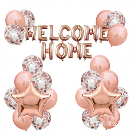 Articole petrecere - Set 22 de piese baloane folie si latex, 20 baloane latex, 2 baloane stea Folie, 1 set Welcome Home, Rose gold