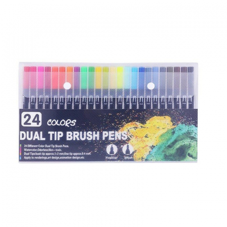 Jucarii, Copii & Bebe - Set 24 Carioci, Flippy, pe Baza de Apa, 2 Tipuri de Varf, 1-2 mm, 0.4 mm, Corp Carioca Negru, din Plastic, Multicolor