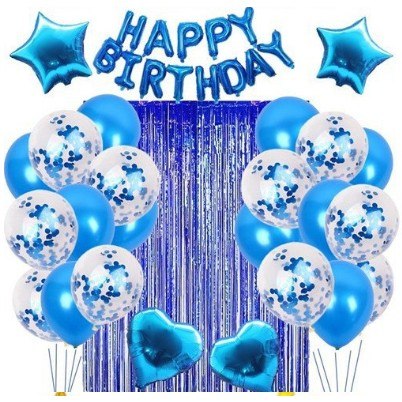 Articole petrecere - Set 24 de baloane folie si latex, 10 baloane latex simple, 10 bloane latex cu paiete, 4 baloane folie, ribon, 1x2 m perdea, Albastru