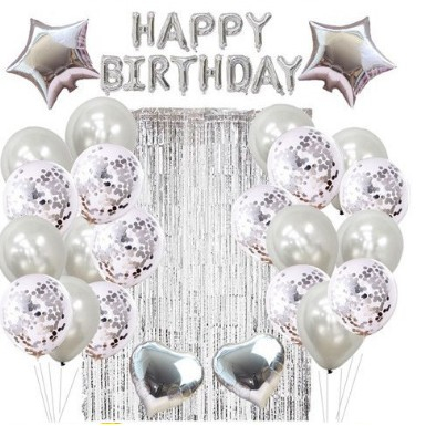 Articole petrecere - Set 24 de baloane folie si latex, 10 baloane latex simple, 10 bloane latex cu paiete, 4 baloane folie, ribon, 1x2 m perdea, Argintiu