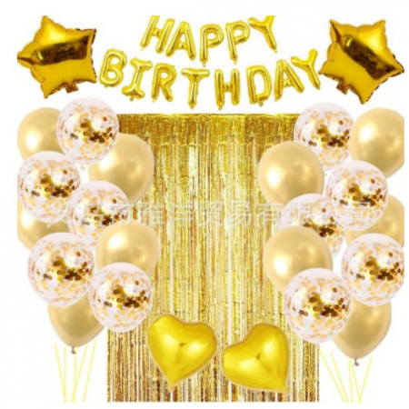 Articole petrecere - Set 24 de baloane folie si latex, 10 baloane latex simple, 10 bloane latex cu paiete, 4 baloane folie, ribon, 1x2 m perdea, Auriu